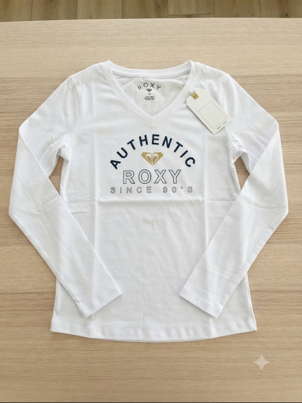 Roxy White V-Neck Tee with Navy Logo